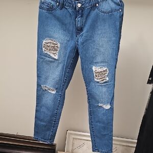 Women's Like New Jennifer Lopez Blue Rhinestone Distressed Ankle Jeans Size 10